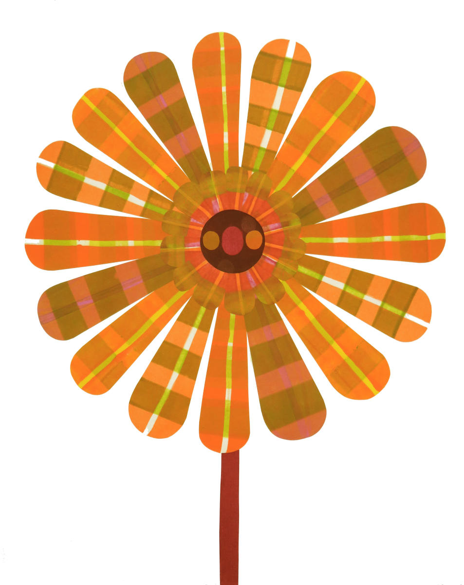 Orange Plaid Blossom, 2025
acrylic collage on paper
28" x 22"