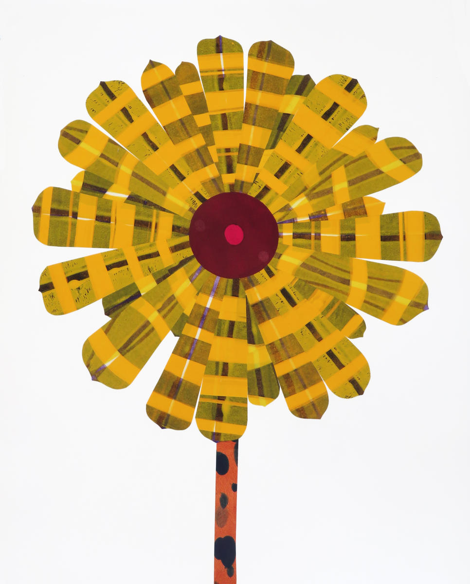 Yellow Plaid Blossom, 2025 
acrylic collage on paper
28" x 22"